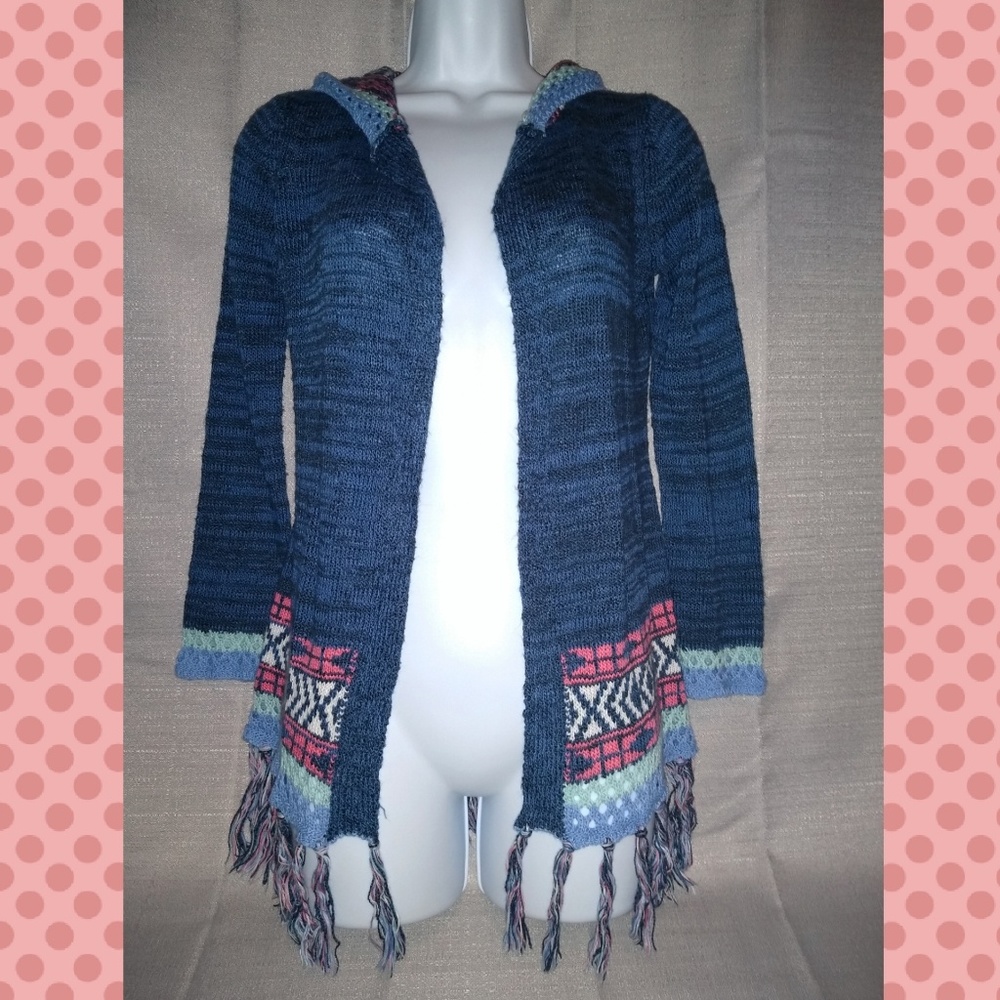 PINK REPUBLIC blue hoodie cardigan with fringe